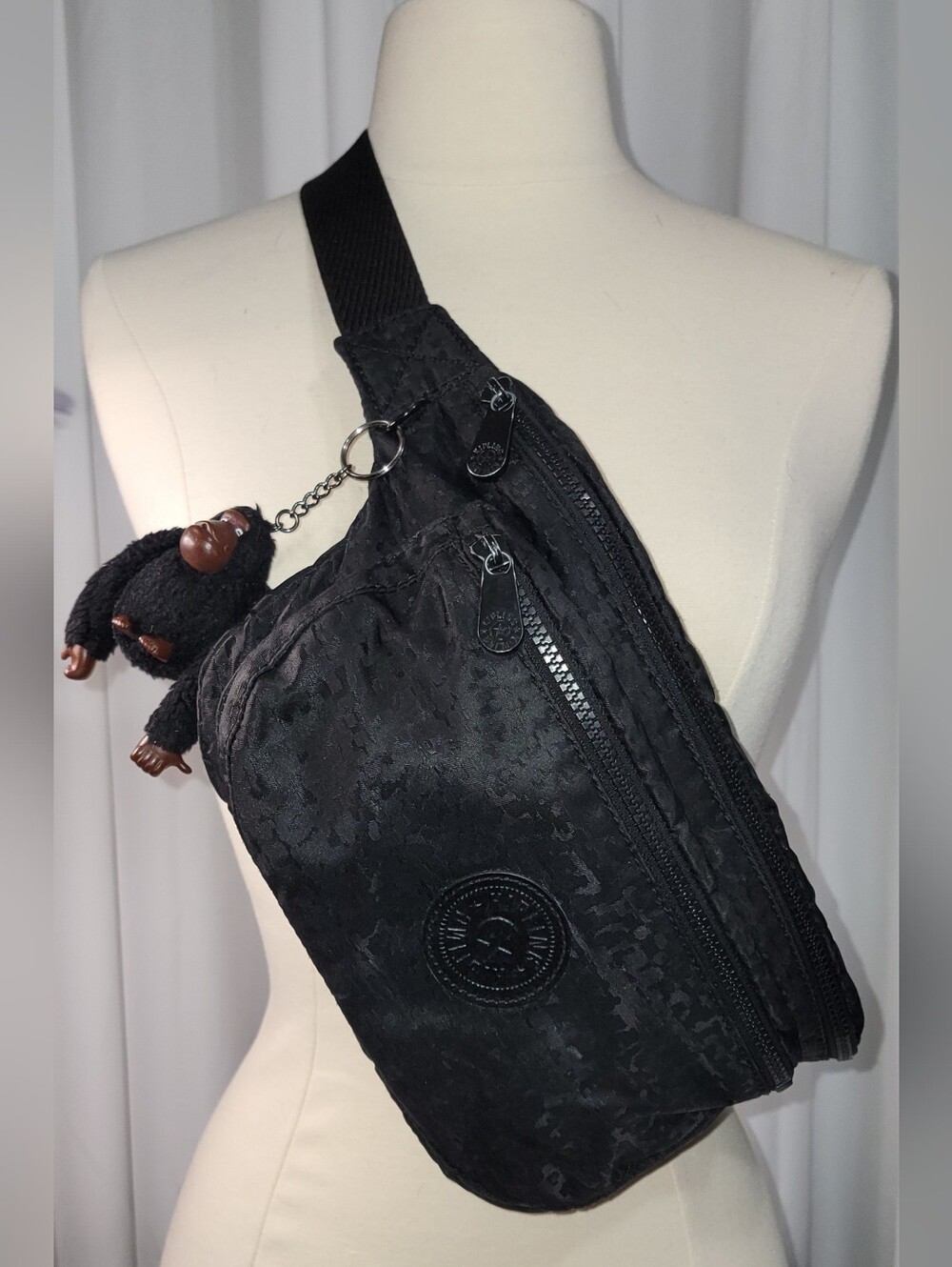 Kipling Black Quilted Nylon Sling Belt Bag with Monkey Charm